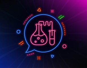 Fototapeta premium Chemistry lab line icon. Neon laser lights. Laboratory flask sign. Analysis symbol. Glow laser speech bubble. Neon lights chat bubble. Banner badge with chemistry lab icon. Vector