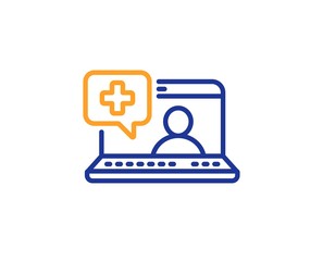 Online medical help sign. Medicine laptop line icon. Colorful outline concept. Blue and orange thin line medical help icon. Vector