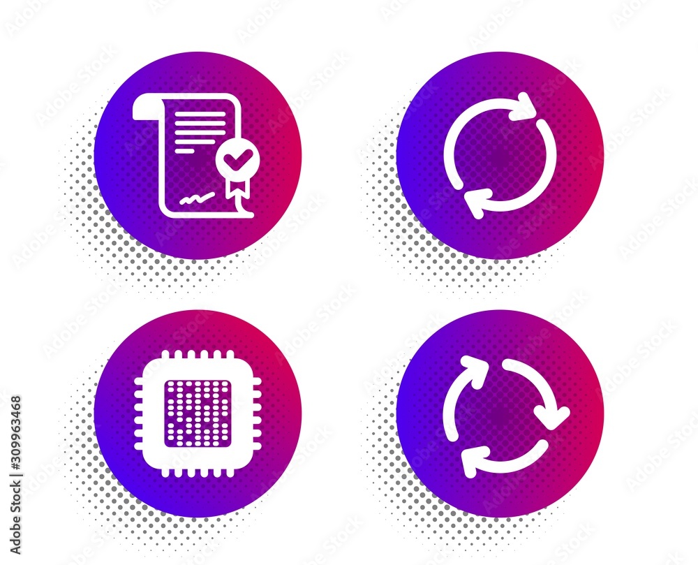 Poster full rotation, cpu processor and approved agreement icons simple set. halftone dots button. recyclin