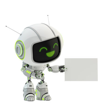 Cute smiling robot toy holding blank poster, 3d rendering