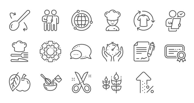 Chef hat, Customer survey, Approved application line icons. Scissors cutting, Certificate icons. Interest rate, gluten free. Linear set. Quality line set. Vector