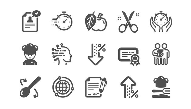 Chef hat, Customer survey, Approved application icons. Scissors cutting, Certificate icons. Interest rate, gluten free. Classic set. Quality set. Vector
