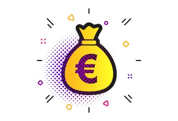 Money bag sign icon. Halftone dots pattern. Euro EUR currency symbol. Classic flat money icon. Vector