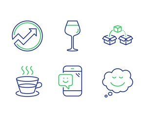 Coffee cup, Smile and Parcel shipping line icons set. Audit, Bordeaux glass and Speech bubble signs. Tea mug, Phone feedback, Send box. Arrow graph. Business set. Line coffee cup outline icons. Vector