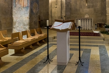 The interior of the Benedictine Abbey of Abu Gosh in the Chechen village Abu Ghosh near Jerusalem...