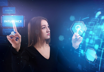 Business, Technology, Internet and network concept. Young businessman working on a virtual screen of the future and sees the inscription: Influence
