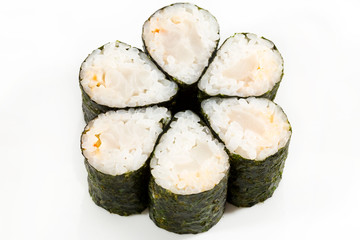 Sushi with seafood and vegetables on a white background in the restaurant 