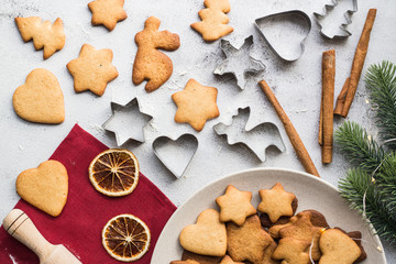 Christmas gingerbread on the table, top view