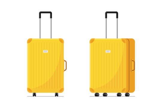 Yellow plastic suitcase for travel with wheels and retractable handle front and side view. Baggage bag for summer vacatoin jourmey flat vector illustration