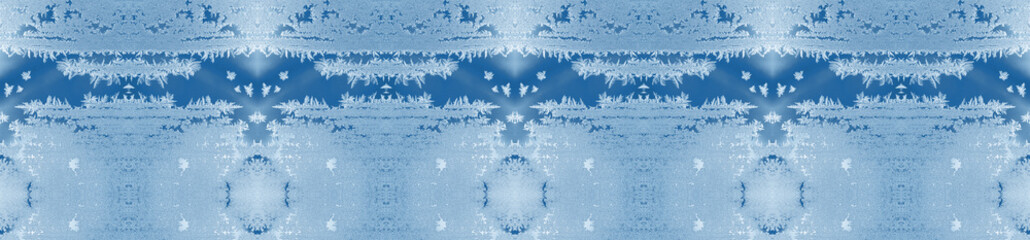 Christmas banner in trendy color 2020 Classic Blue. Collage of repeated frosty pattern on winter window.