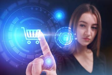 Business, Technology, Internet and network concept. Young businessman working on a virtual screen of the future and sees the inscription: