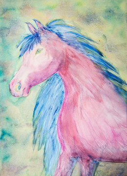 Pink horse with blue manes. The dabbing technique near the edges gives a soft focus effect due to the altered surface roughness of the paper.