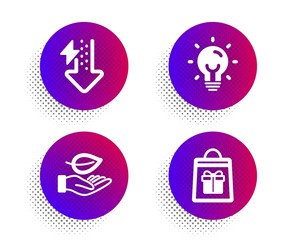 Leaf, Energy drops and Energy icons simple set. Halftone dots button. Holidays shopping sign. Plant care, Power usage, Lightbulb. Gifts bag. Business set. Classic flat leaf icon. Vector