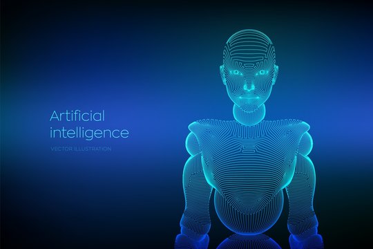 Wireframe female cyborg or robot. Abstract cyber woman. Sci-Fi cybernetic robot with AI. Machine learning and artifactial intelligence technology concept. Digital brain. Vector illustration.