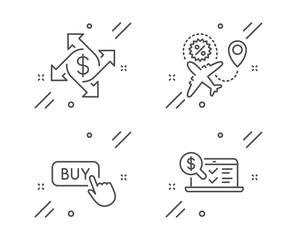Flight sale, Payment exchange and Buy button line icons set. Online accounting sign. Travel discount, Money transfer, Online shopping. Web audit. Finance set. Line flight sale outline icon. Vector