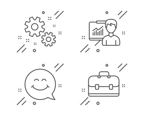 Work, Presentation and Smile face line icons set. Portfolio sign. Settings, Education board, Chat. Business case. Business set. Line work outline icon. Vector