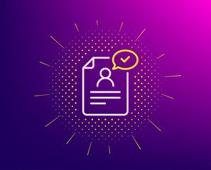 Resume document line icon. Halftone pattern. Contract application sign. Agreement file symbol. Gradient background. Resume document line icon. Yellow halftone pattern. Vector