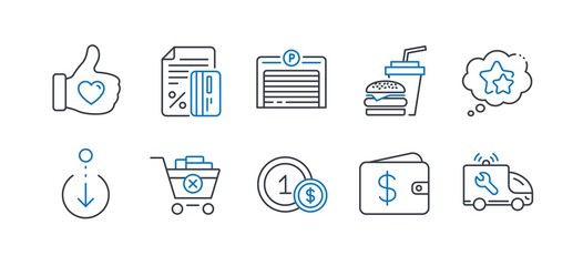 Set of Business icons, such as Like hand, Ranking stars, Hamburger, Dollar wallet, Credit card, Scroll down, Parking garage, Usd coins, Remove purchase, Car service line icons. Vector