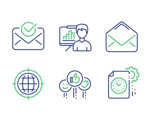 Like, Mail and Presentation board line icons set. Seo internet, Approved mail and Project deadline signs. Social media likes, E-mail, Growth chart. Globe. Technology set. Vector