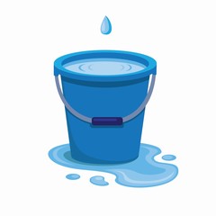 blue plastic bucket filled water from trickle leaking water spilled on the floor, liquid container with handle isolated with white background illustration vector - obrazy, fototapety, plakaty
