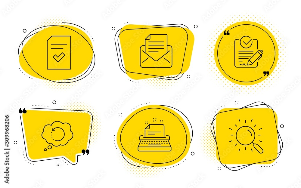 Aufkleber checked file, recovery data and search signs. chat bubbles. typewriter, mail correspondence and rfp 