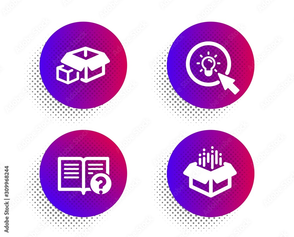 Poster help, packing boxes and energy icons simple set. halftone dots button. open box sign. documentation,