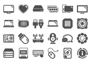Computer components, Laptop, SSD icons. Motherboard, CPU, Internet cables icons. Wifi router, computer monitor, Graphic card. Keyboard, SSD device. Internet cables, laptop components. Vector