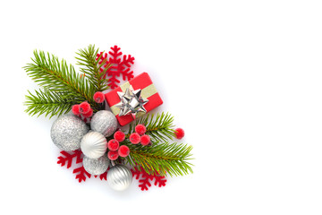 Christmas or new year composition. Christmas decoration with spruce branches on white background. Flat lay, top view, copy space