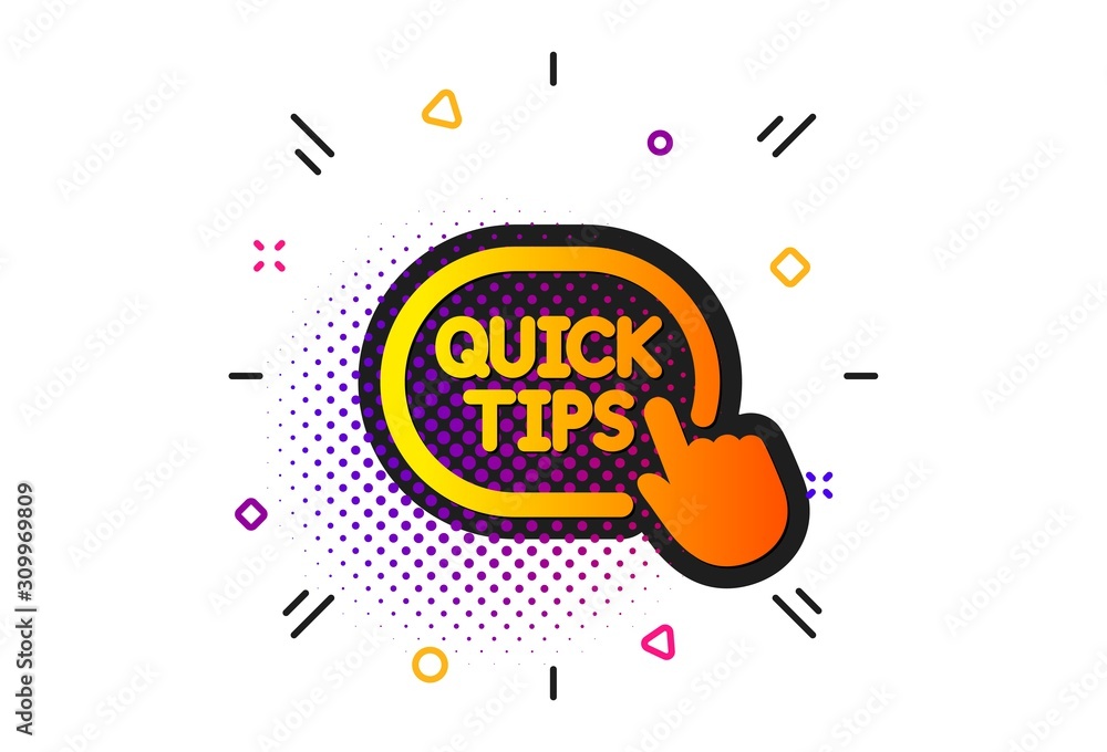 Poster helpful tricks sign. halftone circles pattern. quick tips click icon. classic flat quick tips icon. 
