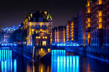 Night panorama of famous Water castle in the Speicherstadt