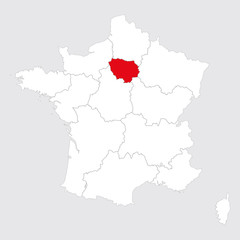 Paris region marked red on france map vector. Gray background.