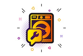 Washing machine repair service sign. Halftone circles pattern. Spanner tool icon. Classic flat washing machine icon. Vector