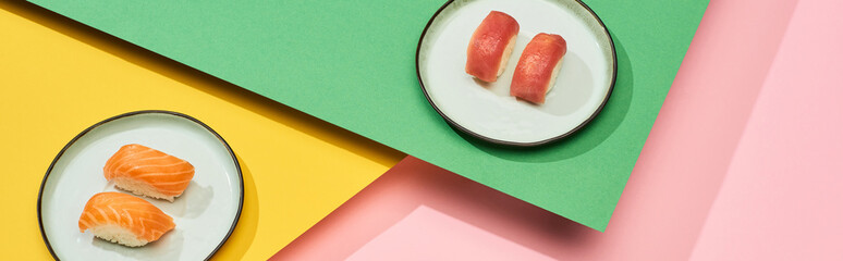 fresh nigiri with salmon and tuna on yellow, pink, green background, panoramic shot