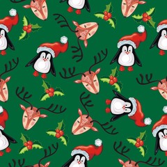 Obraz na płótnie Canvas Christmas deer and penguins illustration. Merry Christmas