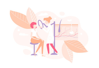 Medical procedure dermatoscopy. A dermatologist or cosmetologist examines a patients skin.