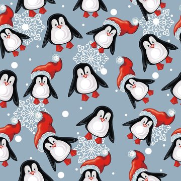 Penguin seamless pattern background, cartoon christmas theme, animal vector illustration with snowflakes
