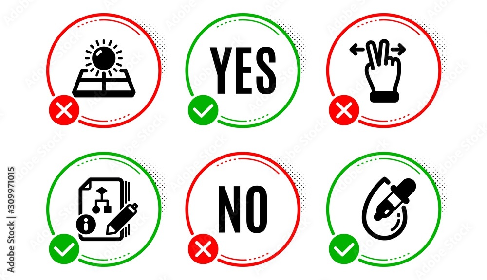 Poster touchscreen gesture, algorithm and sun energy icons simple set. yes no check box. eye drops sign. sw