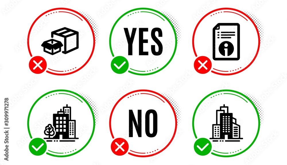 Poster buildings, technical info and packing boxes icons simple set. yes no check box. skyscraper buildings