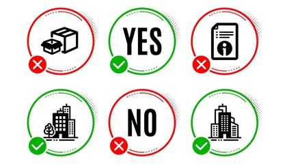 Buildings, Technical info and Packing boxes icons simple set. Yes no check box. Skyscraper buildings sign. City architecture, Documentation, Delivery box. Town architecture. Industrial set. Vector