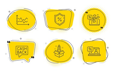 Loan percent, Money transfer signs. Chat bubbles. Startup, Diagram chart and Travel loan line icons set. Innovation, Presentation graph, Trip discount. Protection shield. Finance set. Vector