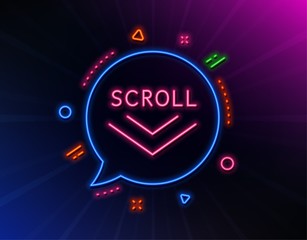 Scroll down arrow line icon. Neon laser lights. Scrolling screen sign. Swipe page. Glow laser speech bubble. Neon lights chat bubble. Banner badge with scroll down icon. Vector