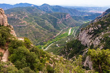 Panoramic view from the Montserrat Monastery Natural Park of the valley where the Llobregat River flows, Monistrol de Monserrat, Catalonia, Spain