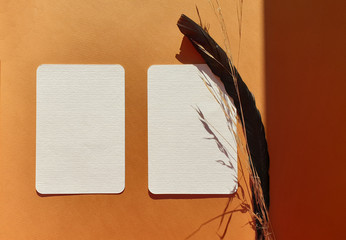 Blank white Wedding Greeting invitation cards mockups with dried leaves of plants and herbs on textured terracotta table backgound. Elegant modern template for branding identity. Flat lay, top view