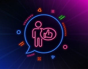 Fototapeta na wymiar Like line icon. Neon laser lights. Thumbs up sign. Positive feedback, social media symbol. Glow laser speech bubble. Neon lights chat bubble. Banner badge with like icon. Vector