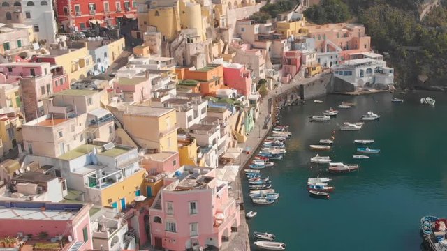 Aerial view of traditional Corriccella fisherman village in Procida, island near Naples, Italy