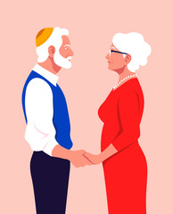 A pair of old people are in profile and hold each other's hands. Love and date. Grandfather and grandmother. Family and caring. Anniversary. Vector flat illustration