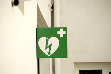 Europe defibrillator sign in street. Automated external defibrillator sign. - obrazy, fototapety, plakaty