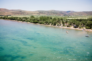 Aerial view of beautiful lake shoreline and water