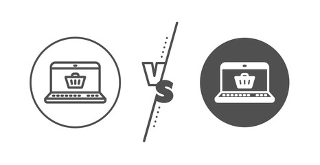 Laptop sign. Versus concept. Online Shopping cart line icon. Supermarket basket symbol. Line vs classic online shopping icon. Vector