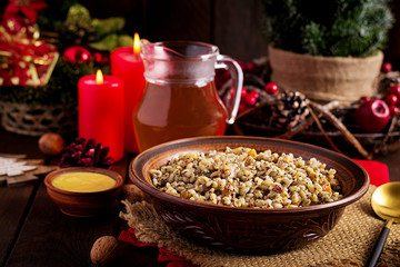 Kutya. Christmas porridge made of wheat grains, poppy seed, nuts, raisins and honey. Christmas kutia. Ukrainian cuisine.